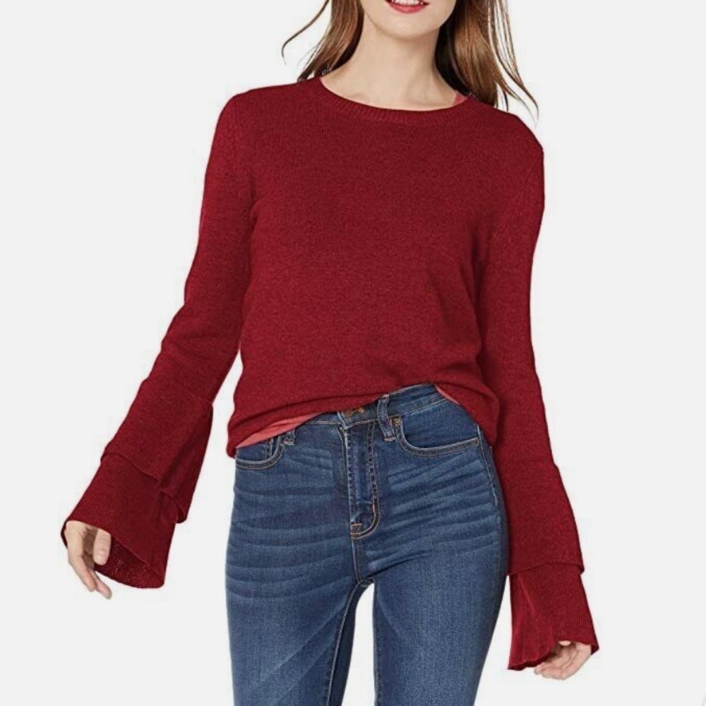 J. Crew Mercantile Burgundy Wool Blend Bell Sleeve CottageCore Sweater Size XS